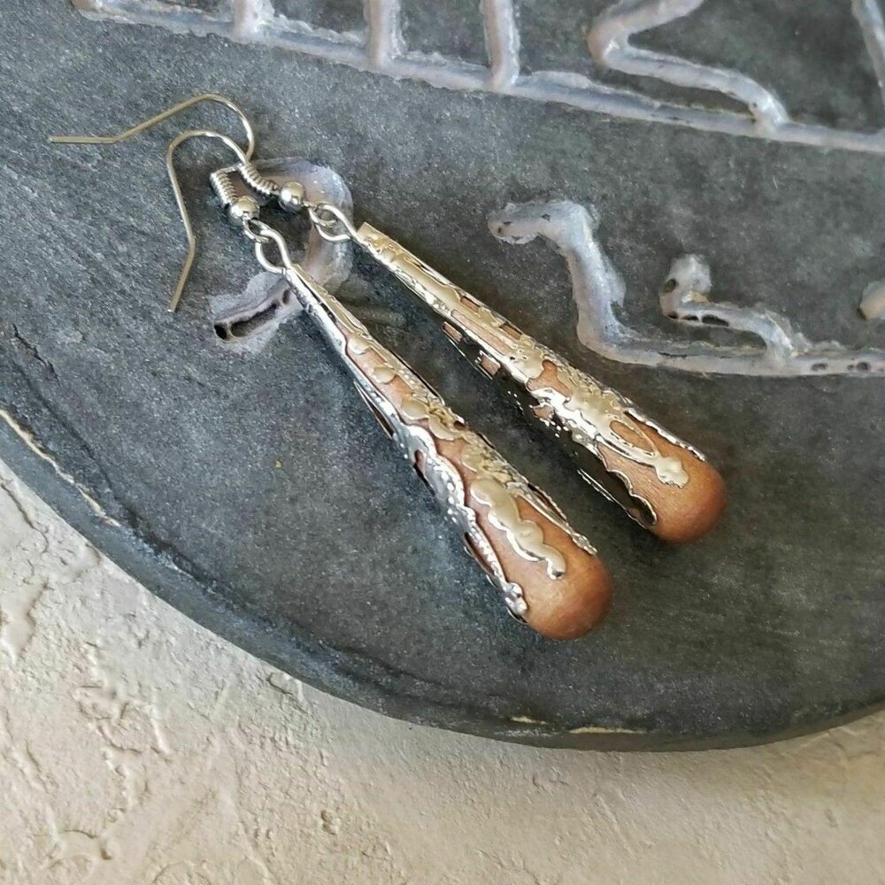 Victorian Filigree Capped Wood 68mm Long Teardrop Dangle Earrings Silver Tone - Picture 3 of 7